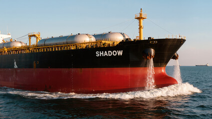 Shadow fleet oil tanker navigating international waters. Black and red merchant vessel discharging ballast from bow during transit.