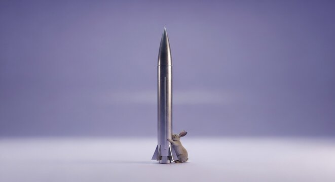 A small figurine of Yoda stands next to a sleek silver rocket on a purple background