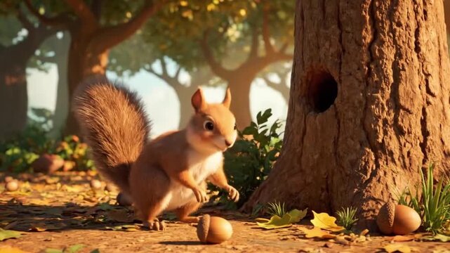 Squirrel dancing near tree with acorns in forest
