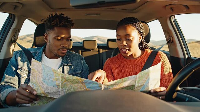 Young african american man and woman couple in a car reviewing a paper map for road trip navigation and adventure journey planning outdoors