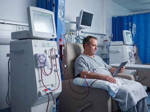 Dialysis (Kidney Failure): Professional photography, patient connected to a dialysis machine, clear tubes with blood visible, clinical setting, high-tech medical equipment, professional lighting.