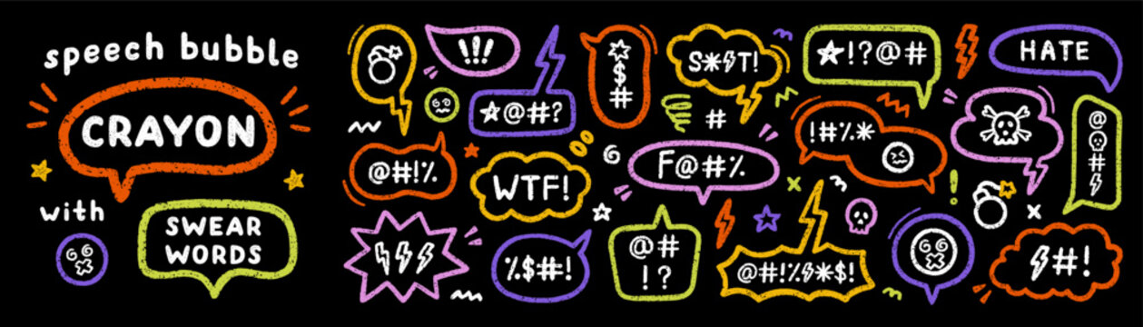 Comic crayon angry speech bubble with swear word and text cartoon hate. Hand drawn chalk grumpy balloon with curse or insult in sketch style. Pencil rude profanity censorship in scribble talk cloud