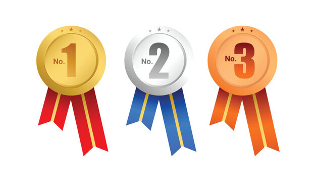 Set of gold silver and bronze award medals with ribbons for first second and third place achievement