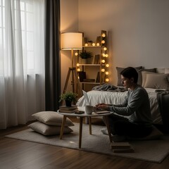 Fototapeta premium Woman Relaxing on Floor Beside Bed.