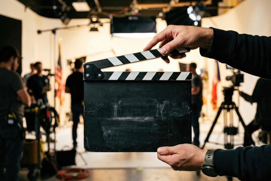Hands holding a closed movie clapperboard in front of a film production set