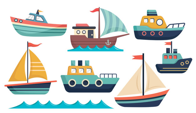 Set of colorful cartoon boats and ships icons including sailboats and tugboats isolated on white background for nautical design