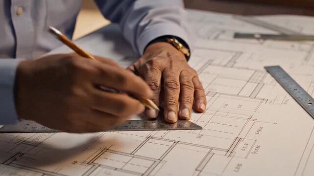Architect drawing blueprints on large table