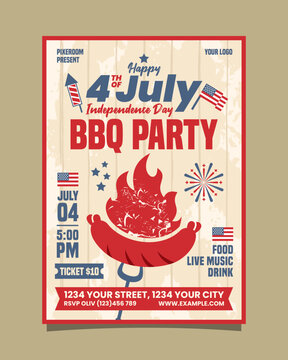 Fourth of July BBQ party vertical flyer, independence day bbq event invitation poster vector template design