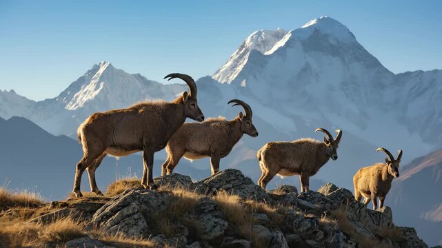 Majestic group of wild ibex standing on a rocky ridge at high altitude with stunning snow-capped mountain peaks and clear blue sky in the background at sunrise.
