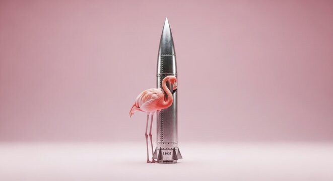 A pink flamingo stands next to a silver bullet on a pink background