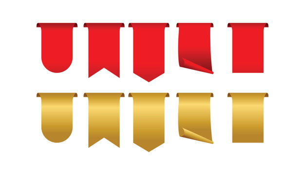 Set of red and gold ribbon banners hanging decorative tags for sale promotion marketing isolated on white background