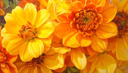 Vibrant dahlia blossoms in a symphony of yellow and orange hues, artistic close-up