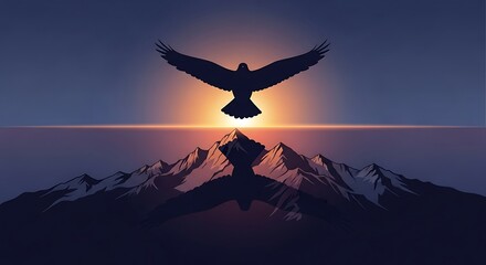 Naklejka premium Bird in flight over mountain range.