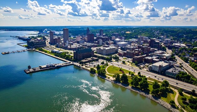 Aerial view showcasing the dynamic skyline of Erie, Pennsylvania, on a sunny day