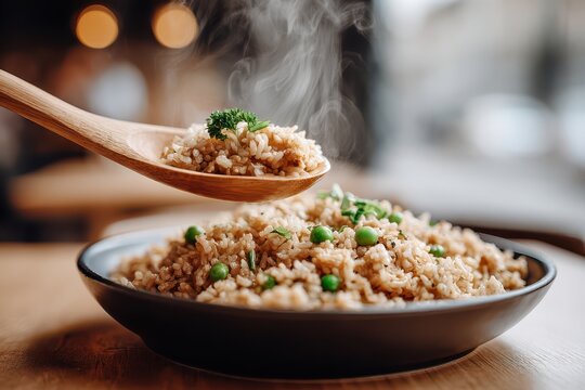 A close-up of a steaming bowl of freshly cooked fried rice, garnished with vibrant green peas, and herbs, presented in a wooden spoon, adding an element of rustic charm.