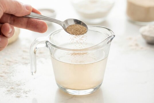 Hand holding a spoon pouring dry active yeast granules into a glass measuring cup of water