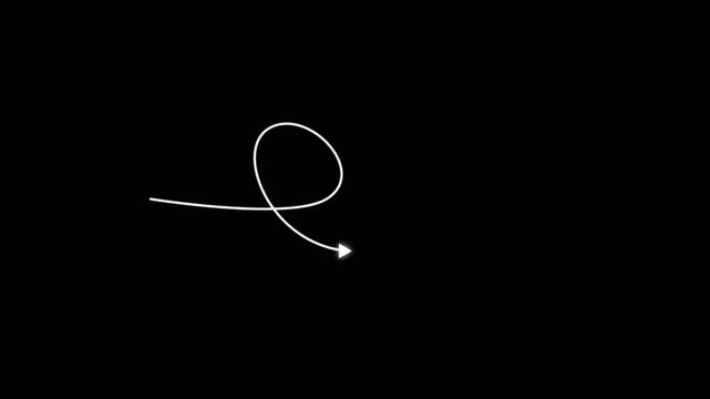 Smooth animated curved white arrow motion path forming loop and swirl on black background, 4K video