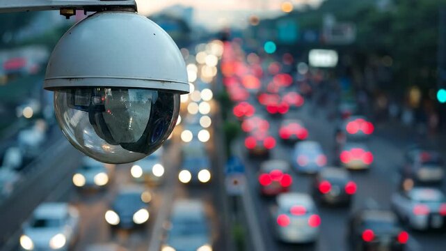 Close-up of a CCTV security surveillance dome camera monitoring city traffic on a busy road at dusk with blurred car lights bokeh background.
