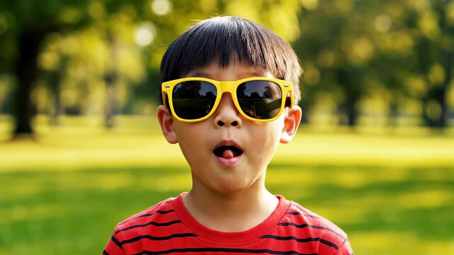 Little boy in yellow sunglasses making various funny faces from pouting to sticking out his tongue outdoors