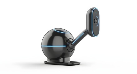 Modern black robotic camera with blue glowing lines sleek design advanced surveillance technology isolated white background smart home device