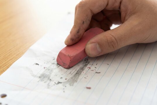 Close up of a hand using a pink rubber eraser to remove pencil marks from lined paper