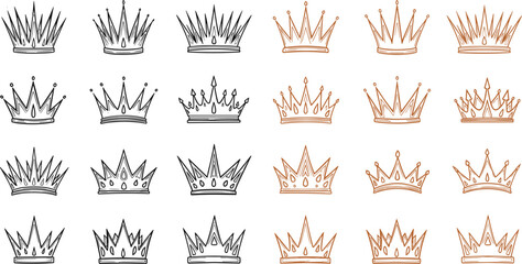 Set of elegant crown line icons in black and gold outline royal king and queen tiara symbols collection for luxury branding logo design © Amit World