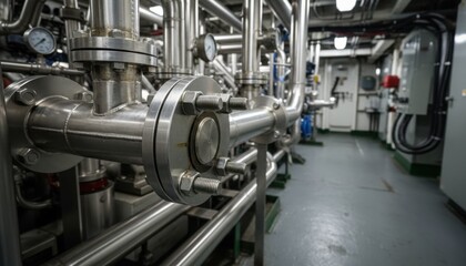 Intricate network of industrial steel pipes and machinery within a complex engineering facility