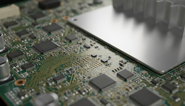 Intricate electronic circuit board with microchips and silver heatsink, representing advanced technology and digital innovation.