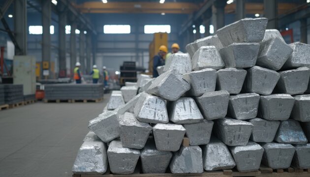 Large pile of silver aluminum ingots in an industrial factory setting with workers in the background