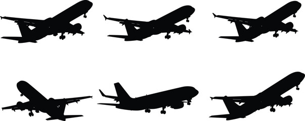 Commercial airplane silhouettes set in flight, passenger jet aircraft taking off, aviation transport icons, cad drawing flat vector illustration, travel.