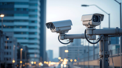 Surveillance cameras mounted on pole overlooking city street. Security monitoring system for public safety and traffic control in urban district.
