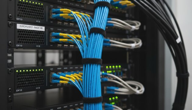 Tightly organized network server room with bundled blue and yellow ethernet cables connected to racks of blinking equipment