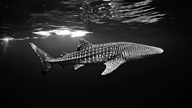 A majestic whale shark swims gracefully underwater, its speckled pattern contrasting against dark
