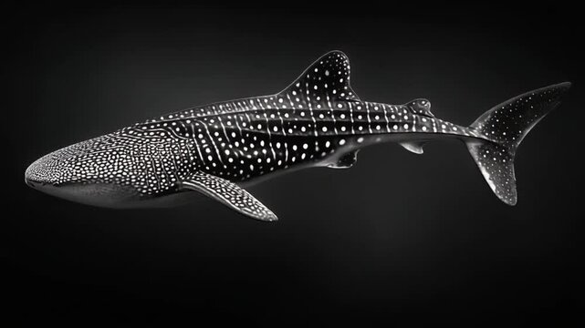A sleek, grayscale image showcasing a whale shark's unique patterned skin, against a dark, featureless backdrop