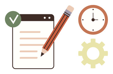Task management, productivity tools, workflow organization, time tracking, project planning, scheduling. A checklist with a pencil, clock and gear icon. Task management and productivity tools