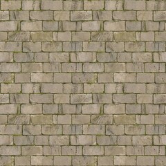 Obraz premium Detailed seamless texture of an old, weathered stone brick wall with natural green moss growing between the blocks. Rustic background for design and architectural projects.