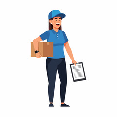 A smiling female delivery worker in blue uniform holding a package and clipboard, full body isolated.