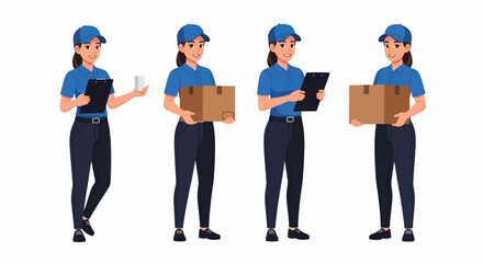 Obraz premium Four female delivery workers in blue uniforms holding packages and clipboards.