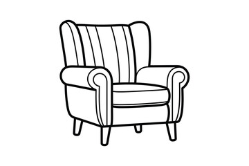 Fototapeta premium A black and white illustration of a comfortable armchair with a striped backrest and rolled arms, sitting on wooden legs, against a plain white background.
