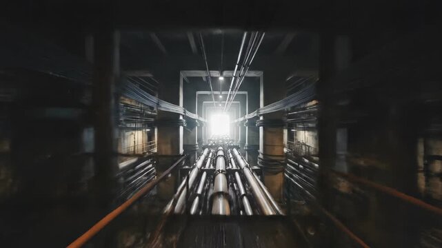 Industrial journey through a factory with pipes, steam, and cables, revealing complex infrastructure tunnels and a bright exit