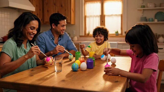 Happy Hispanic family painting colorful Easter eggs together in a warm, sunny kitchen, celebrating holiday traditions with creativity and joy at home.