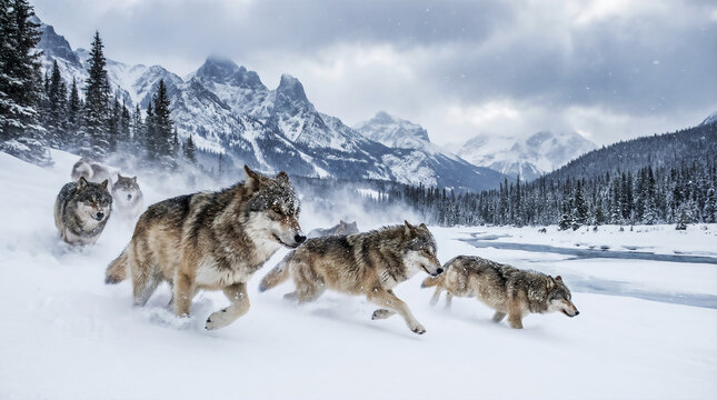 Gray wolves running across a snowy riverbank in a mountain valley. Snow falls under gray clouds dimming the winter light.
