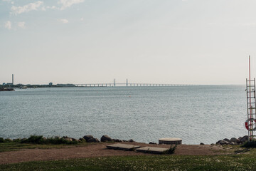 The Oresund Bridge over the Batlic sea, linking Malmo to Copenhagen , View from Sweden
