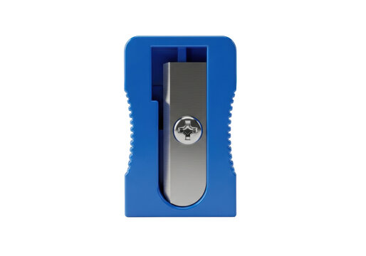Manual cobalt blue plastic pencil sharpener macro shot, razor-sharp silver blade visible, transparent background with copy space, concept of modern essentialism