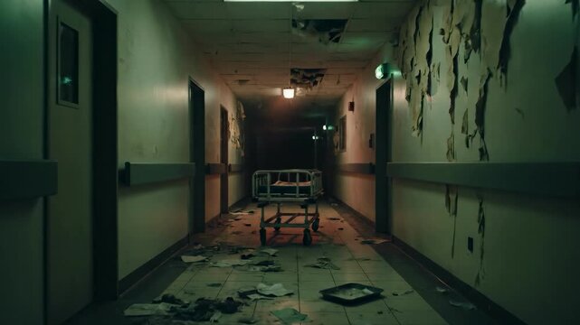 An eerie, red-lit hospital hallway evokes a sense of isolation and decay, perfect for conveying themes of fear, mystery, or the passage of time in edi