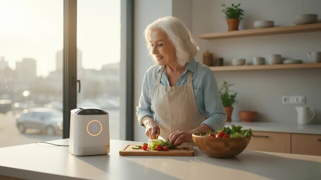 Happy senior woman preparing a fresh salad in a sunny modern kitchen while interacting with a futuristic smart home robot assistant device for independent living and companionship.