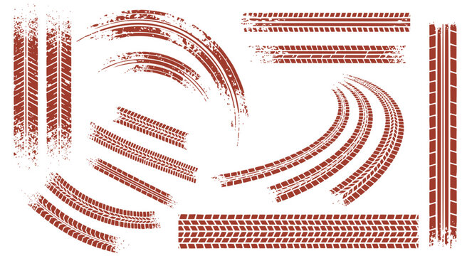 Set of red grunge car tire tracks Dirty tire tracks and skid marks set. Grunge muddy wheel tread prints for off-road, motorsport, racing, and extreme sports design.