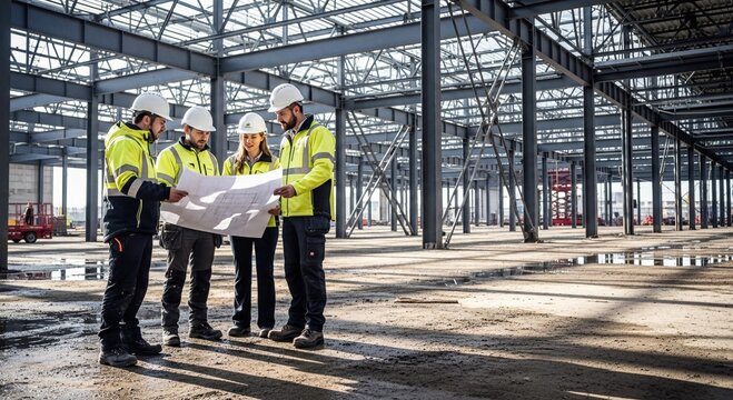 Professional construction team discussing blueprints inside a modern industrial building under construction teamwork and progress in vast steel frame structure.