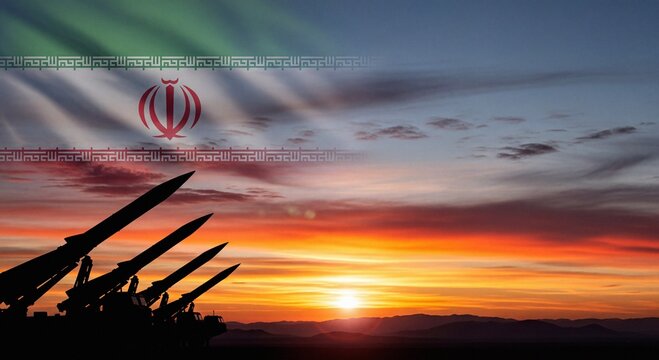 Iranian Ballistic Missiles Silhouetted Against a Dramatic Sunset Sky with the National Flag Overlay Symbolizing Strength and Defense.