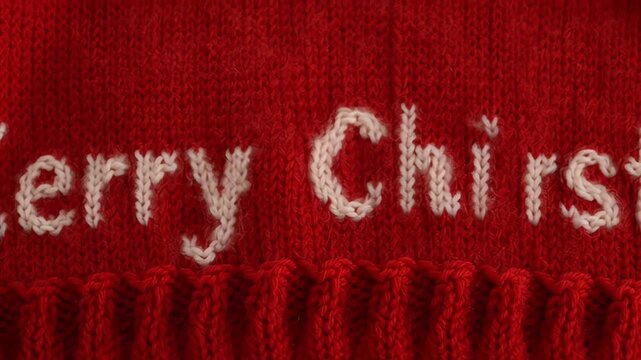 Close-up panning shot of red knitted fabric with white embroidered text showing a misspelled Merry Chirstmas